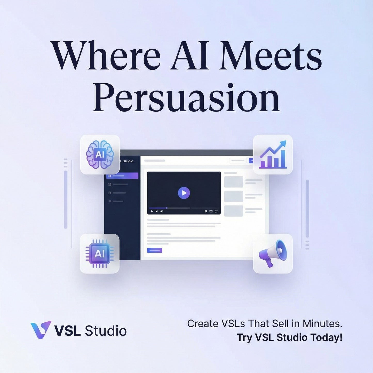 VSL Studio AI software interface showcasing video sales letter creation automation.