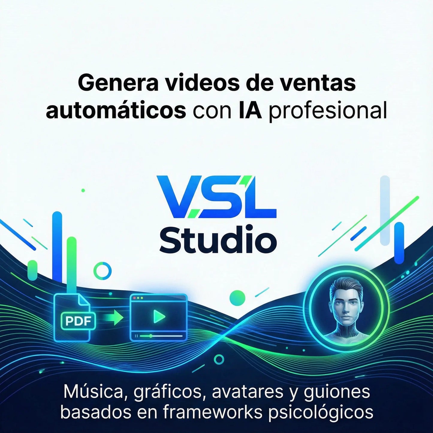 Captura de pantalla de VSL Studio generando automáticamente un vídeo de marketing con guión, voz y animaciones optimizadas para conversiones