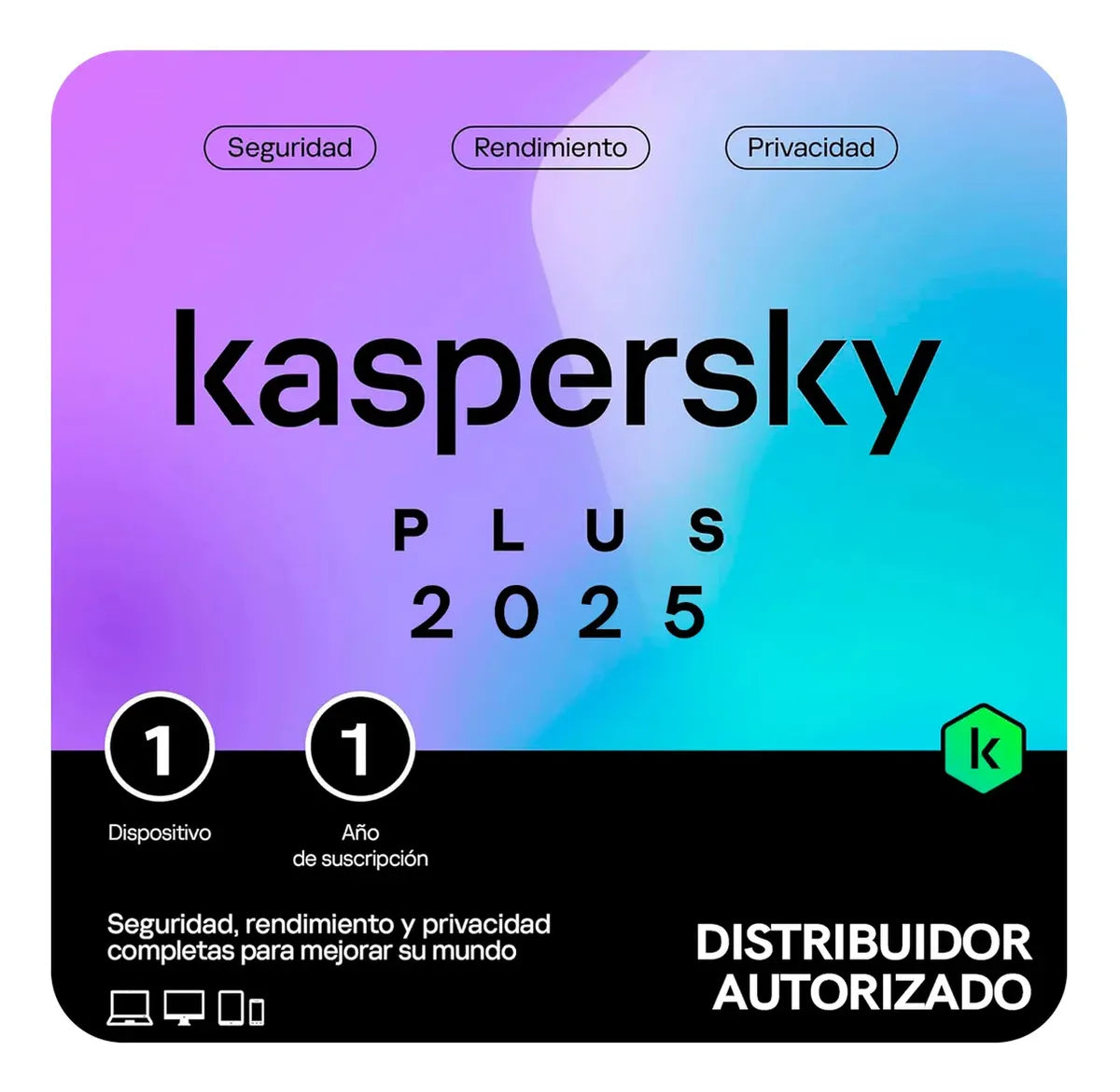 Caja del producto Kaspersky Plus 2025 con diseño moderno