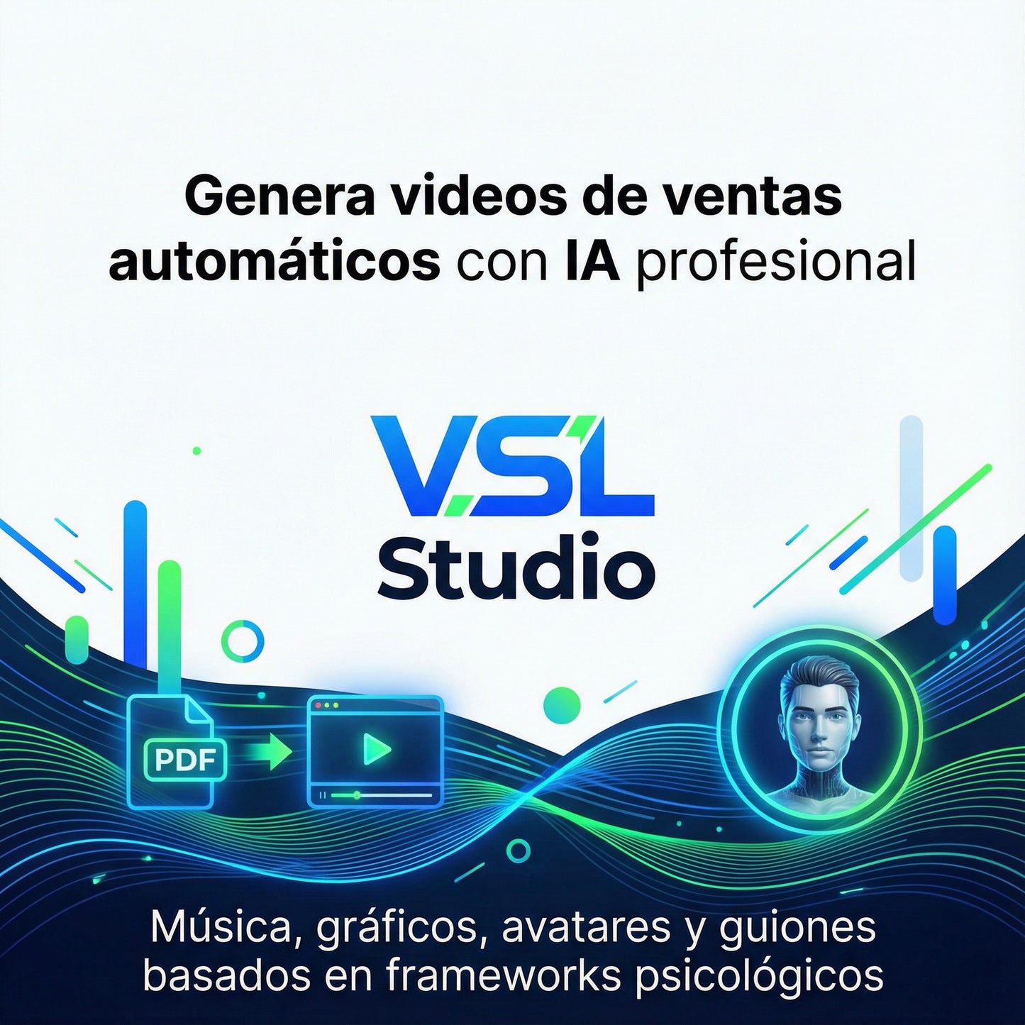 Captura de pantalla de VSL Studio generando automáticamente un vídeo de marketing con guión, voz y animaciones optimizadas para conversiones
